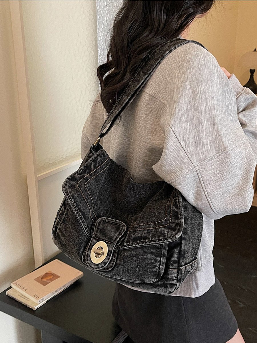Black Denim Shoulder Bag with Turn-Lock