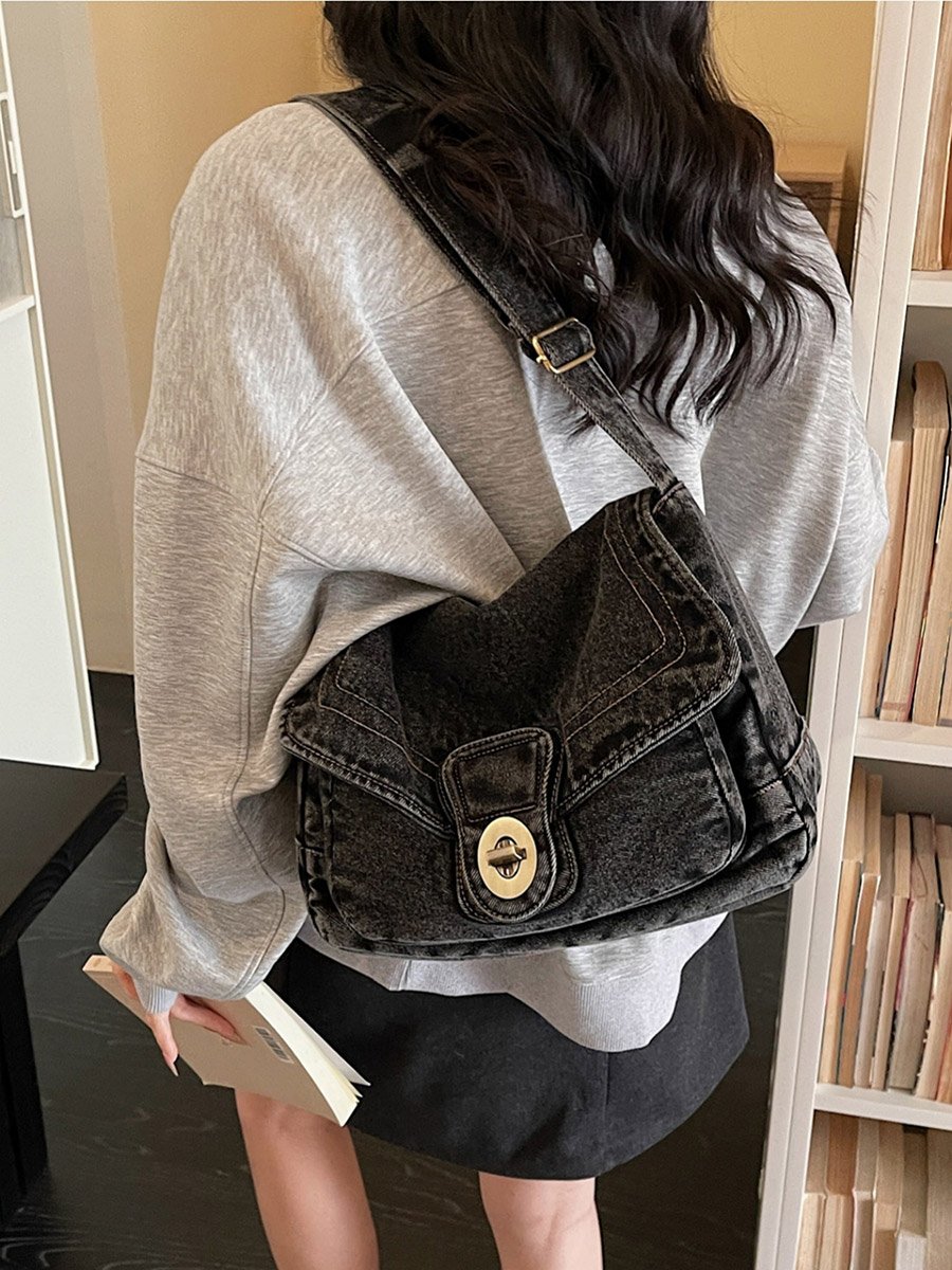 Black Denim Shoulder Bag with Turn-Lock