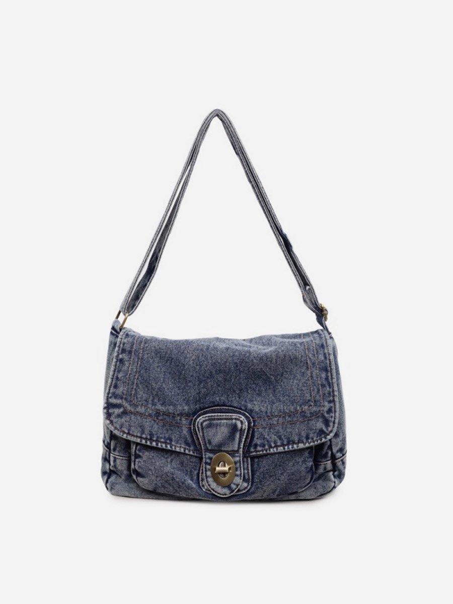 Blue Denim Shoulder Bag with Turn-Lock