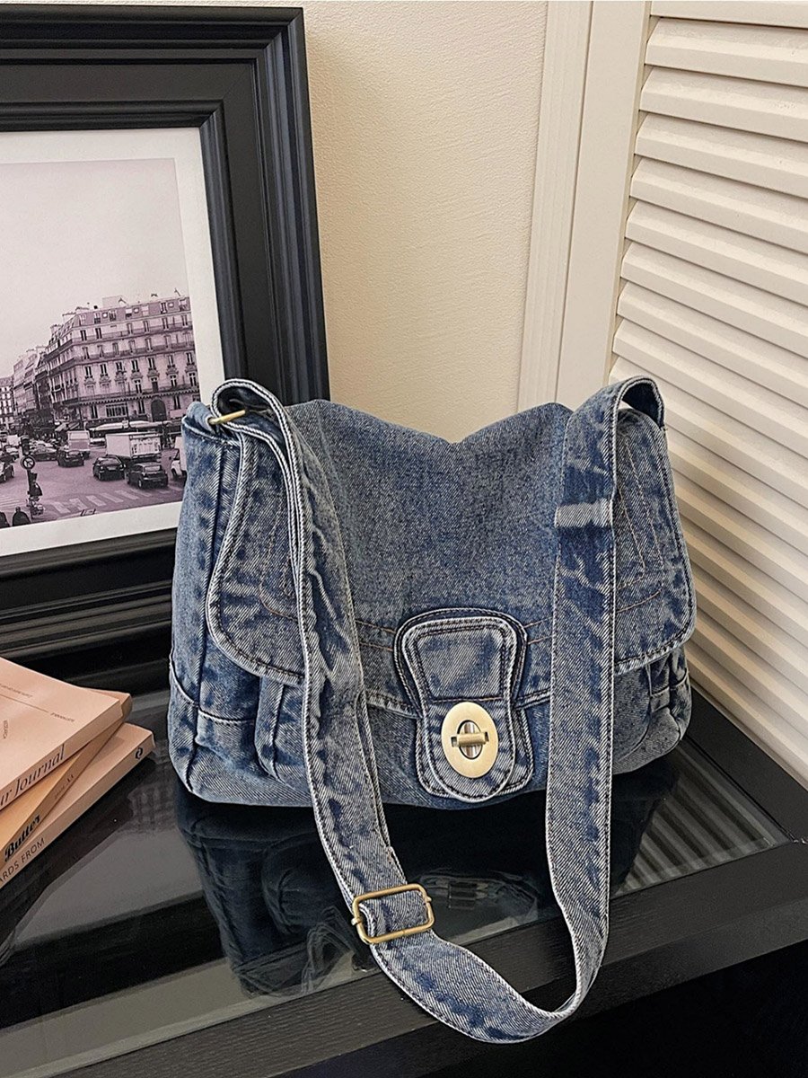 Blue Denim Shoulder Bag with Turn-Lock