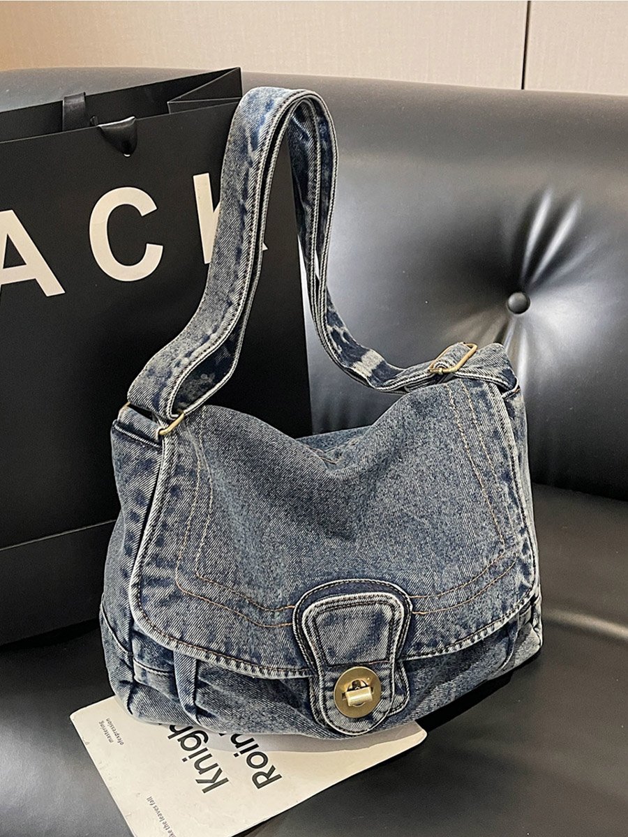 Blue Denim Shoulder Bag with Turn-Lock