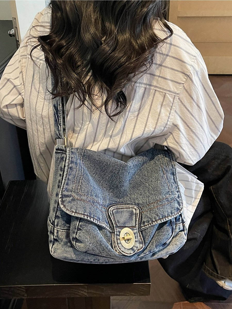 Blue Denim Shoulder Bag with Turn-Lock