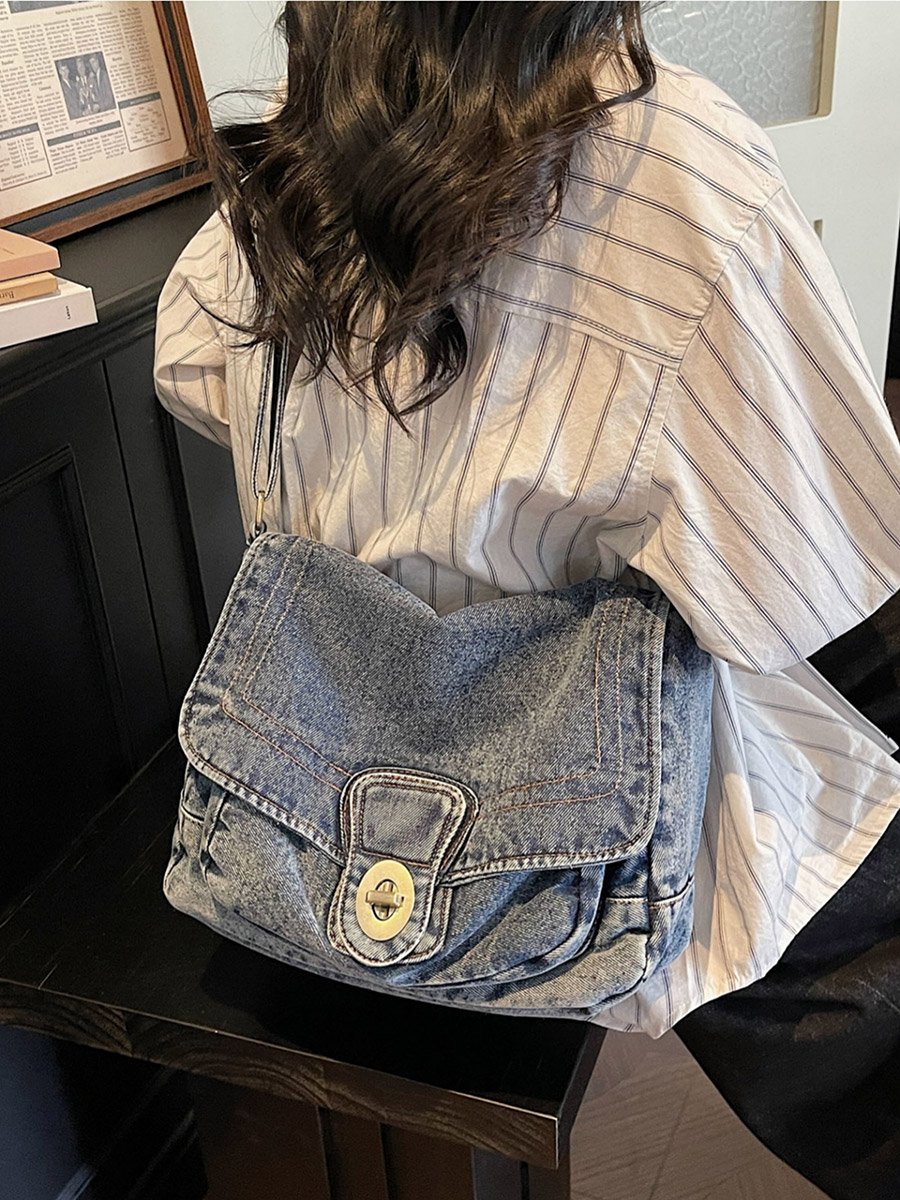 Blue Denim Shoulder Bag with Turn-Lock