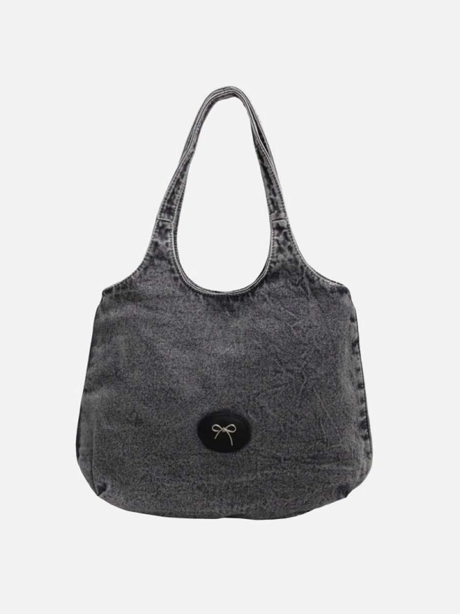 Black Badge Detail Denim Tote Bag