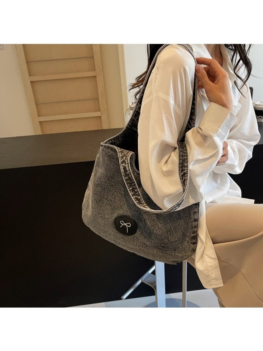 Black Badge Detail Denim Tote Bag