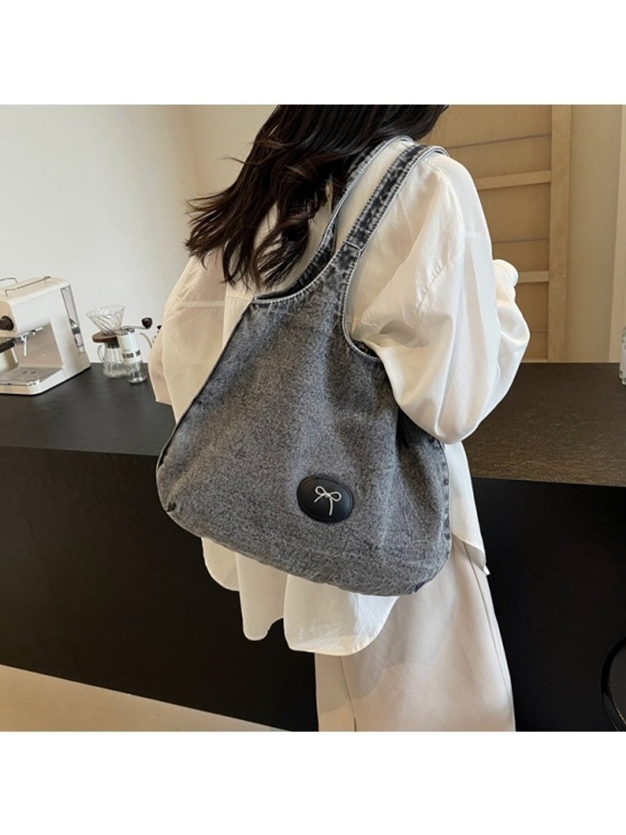 Black Badge Detail Denim Tote Bag