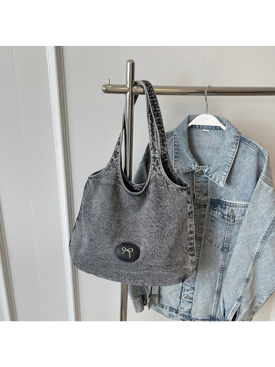 Black Badge Detail Denim Tote Bag