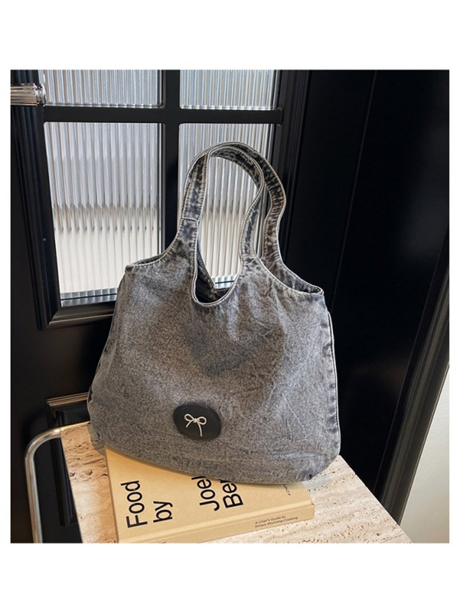 Black Badge Detail Denim Tote Bag