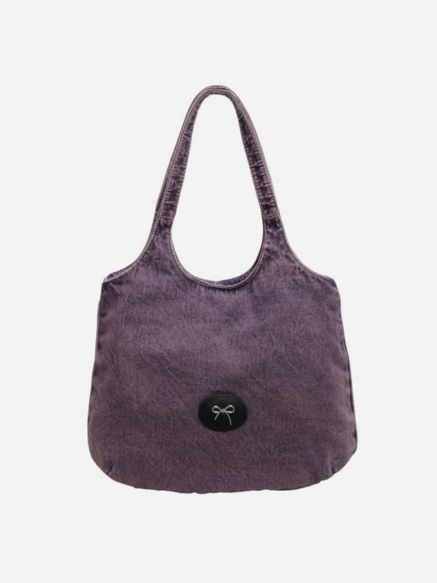 Purple Badge Detail Denim Tote Bag