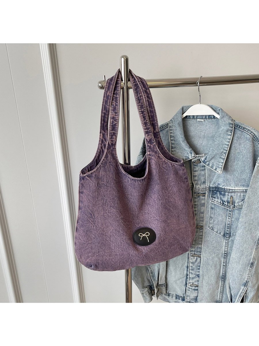 Purple Badge Detail Denim Tote Bag