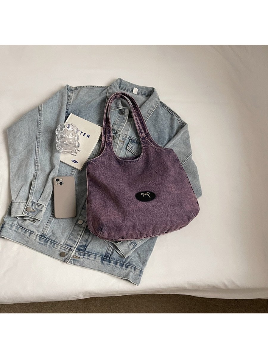 Purple Badge Detail Denim Tote Bag