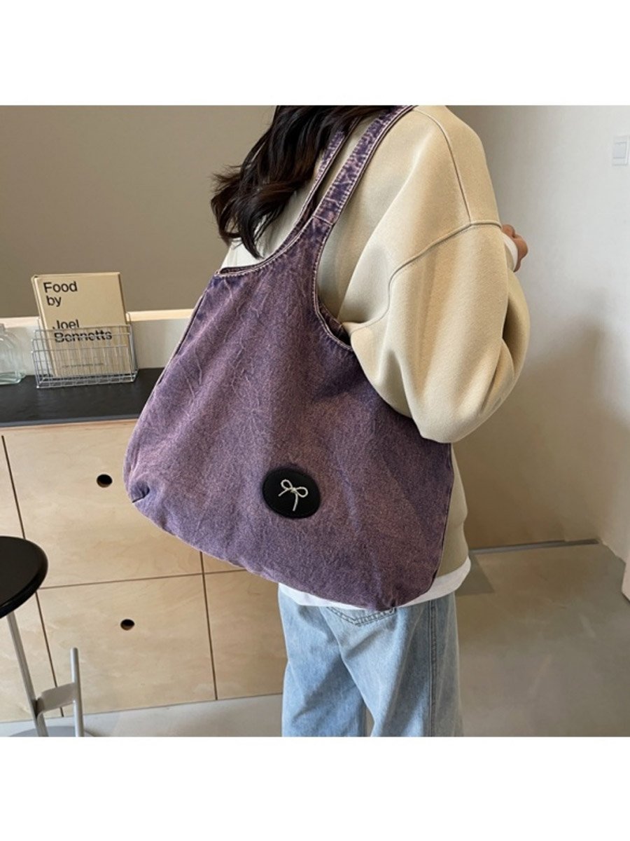 Purple Badge Detail Denim Tote Bag