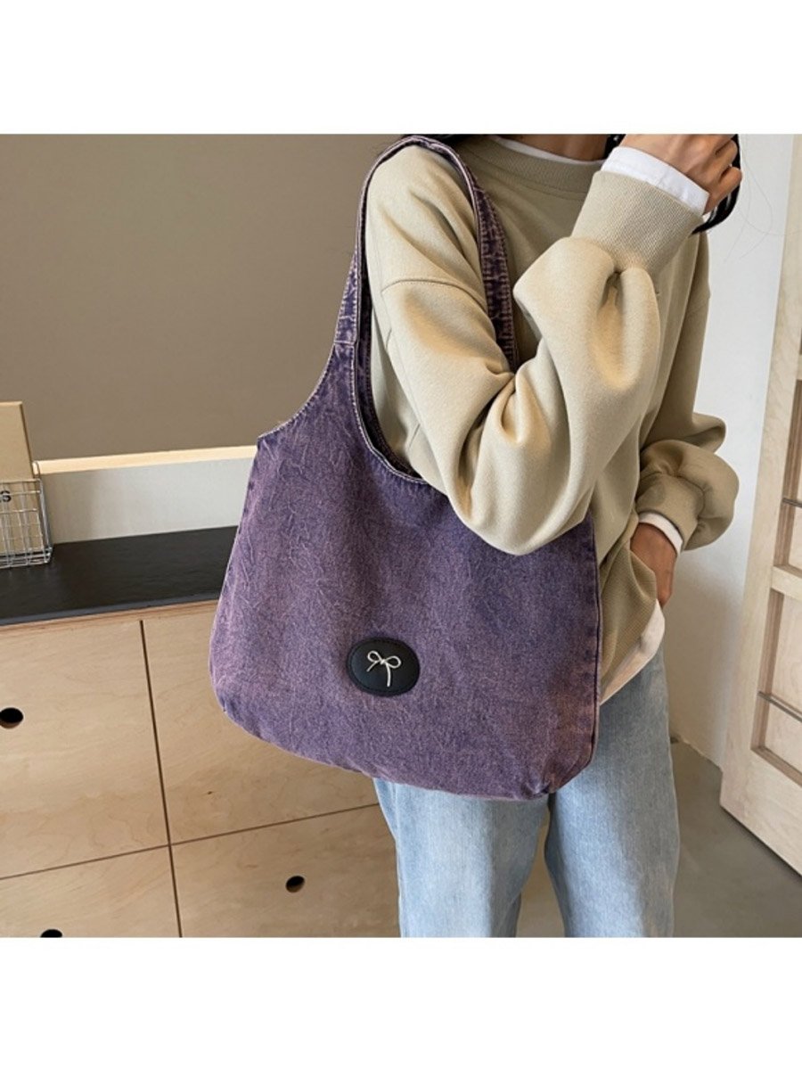 Purple Badge Detail Denim Tote Bag