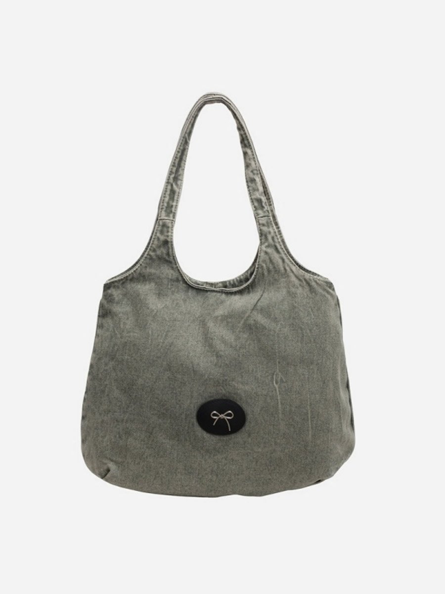 Green Badge Detail Denim Tote Bag