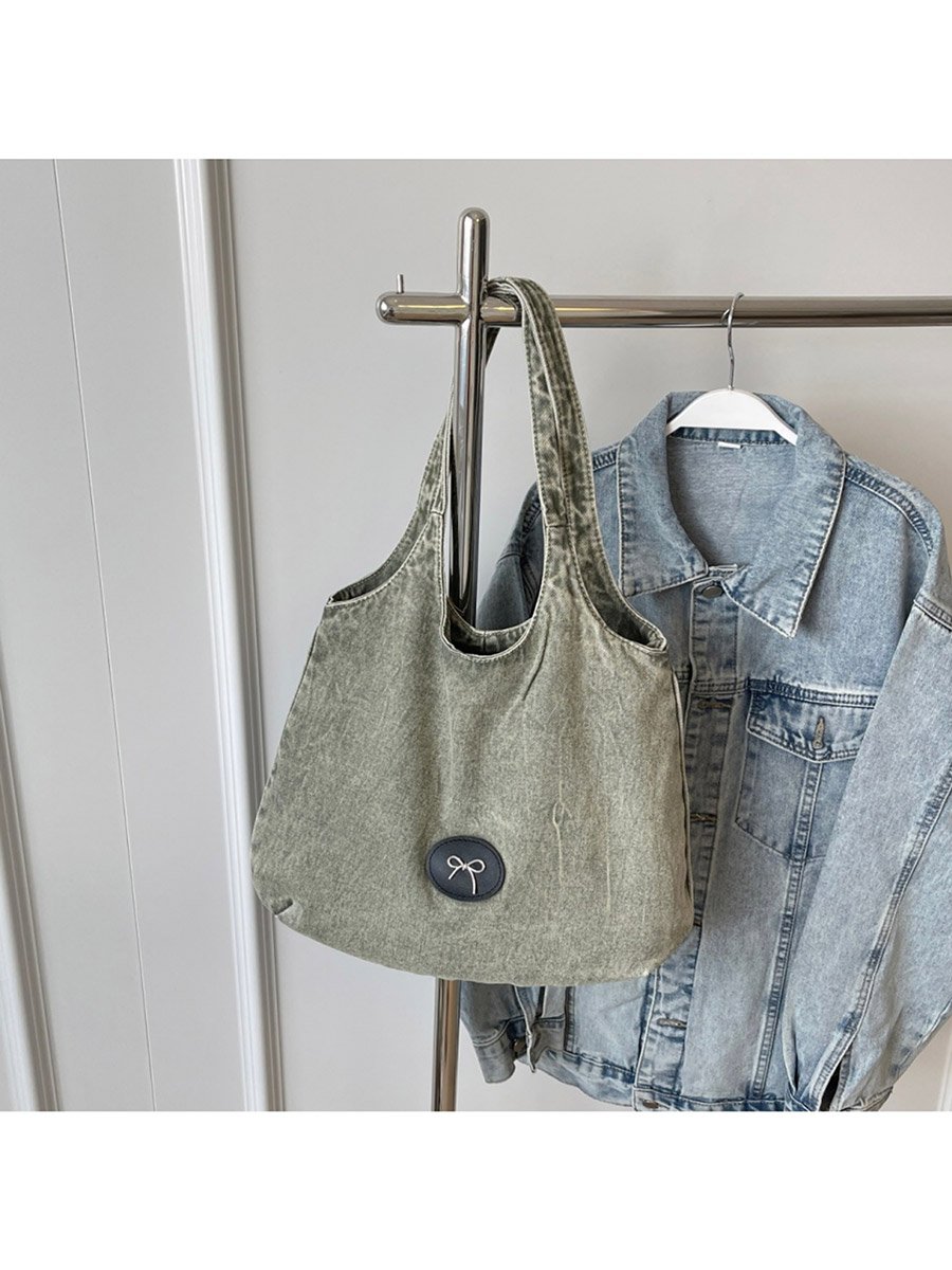 Green Badge Detail Denim Tote Bag