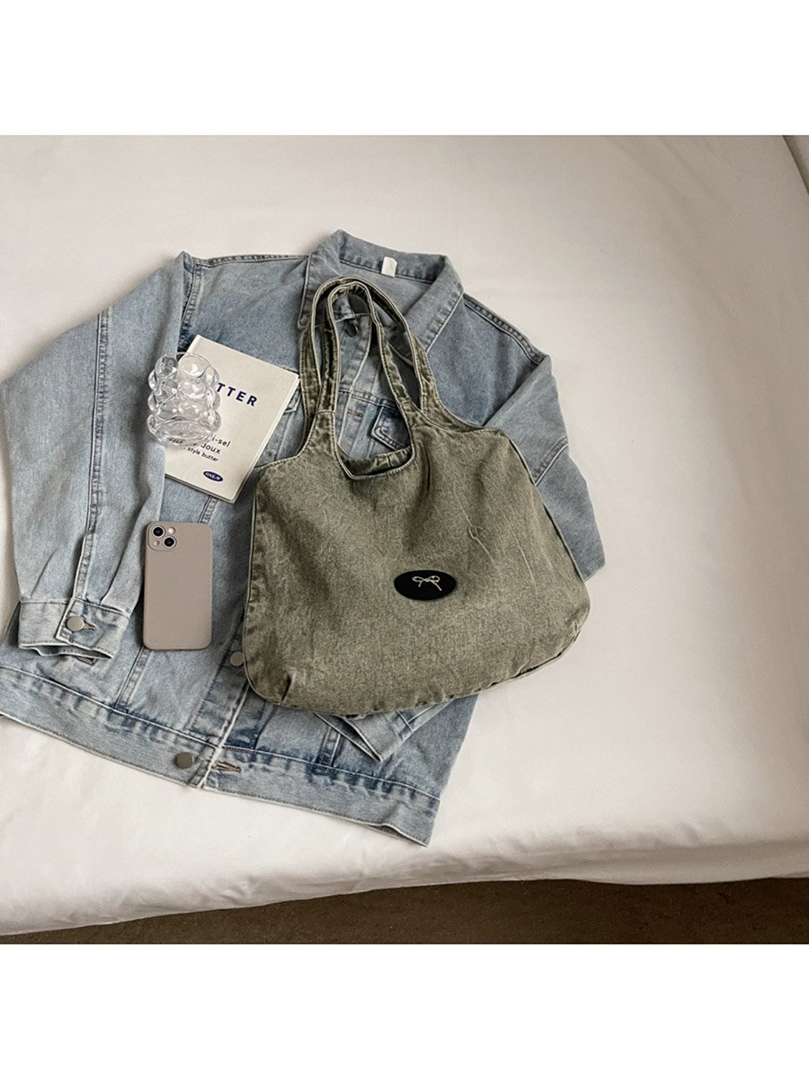 Green Badge Detail Denim Tote Bag