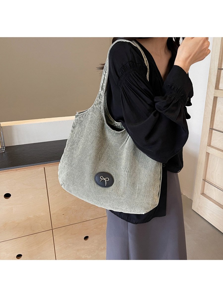 Green Badge Detail Denim Tote Bag