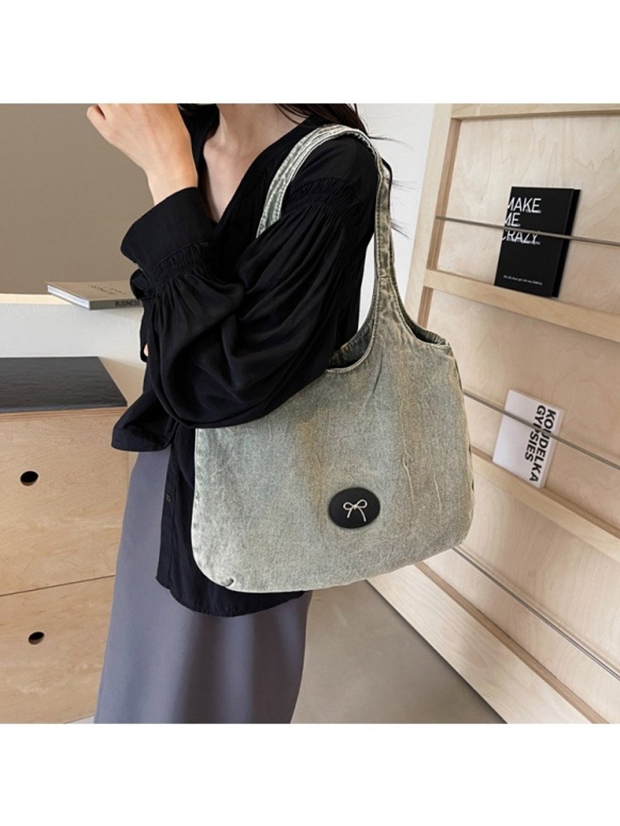 Green Badge Detail Denim Tote Bag