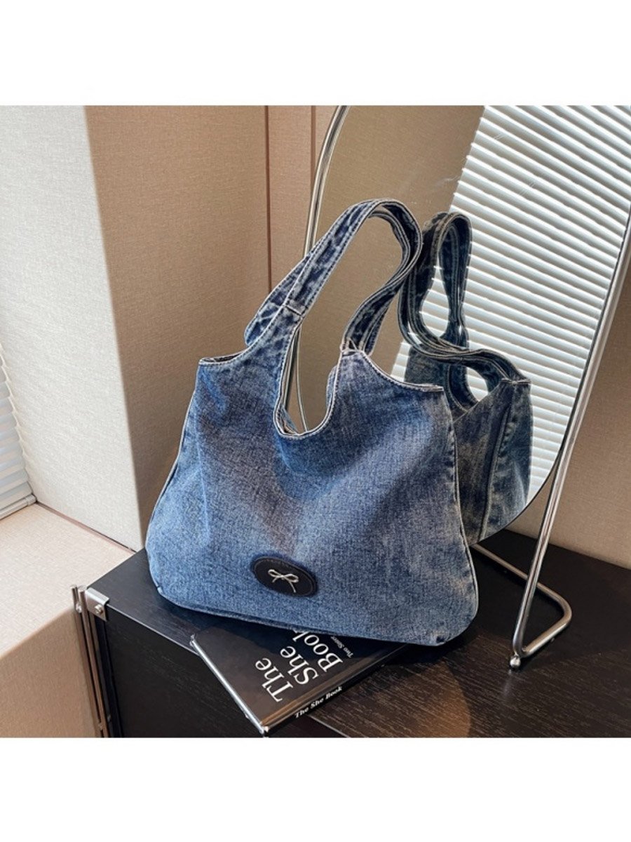 Blue Badge Detail Denim Tote Bag
