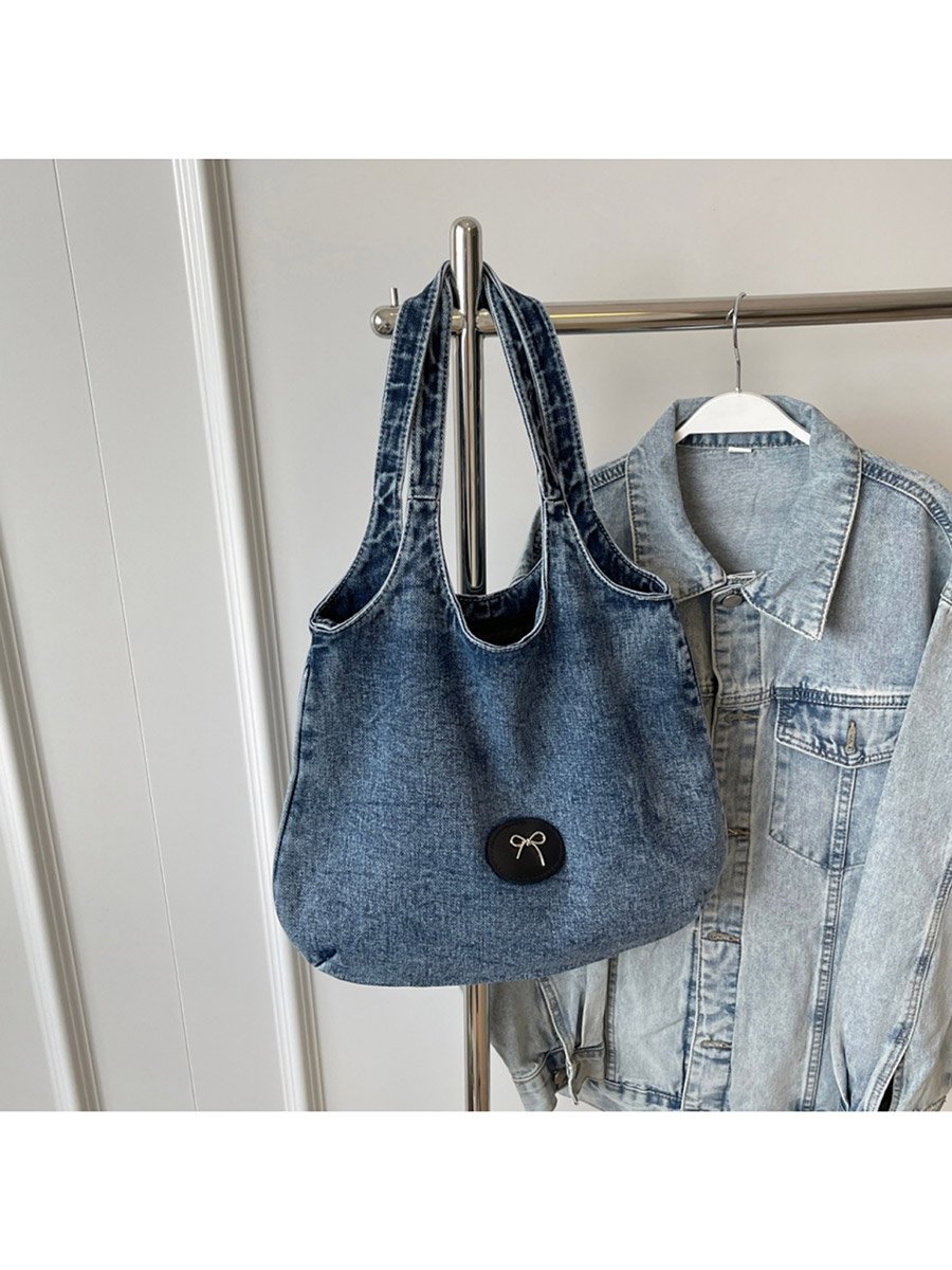 Blue Badge Detail Denim Tote Bag