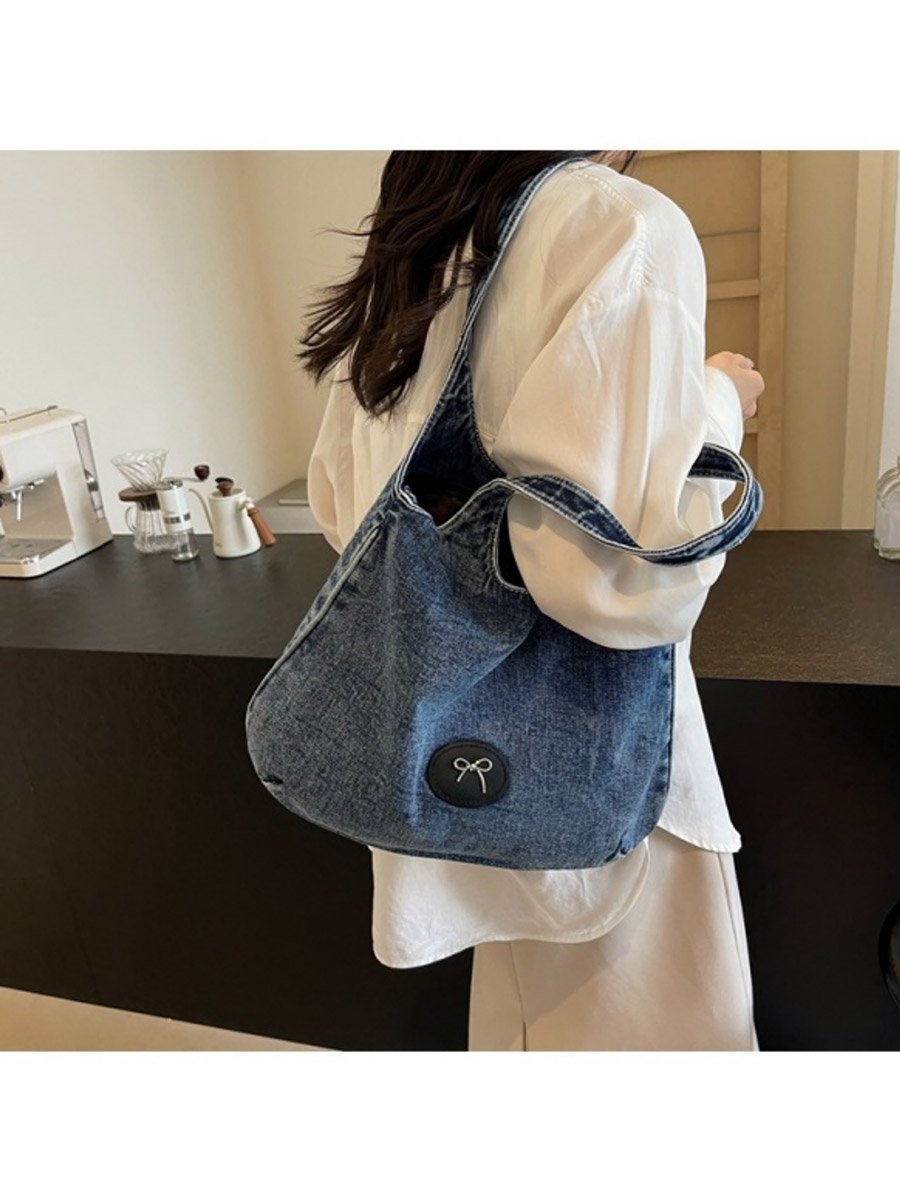 Blue Badge Detail Denim Tote Bag