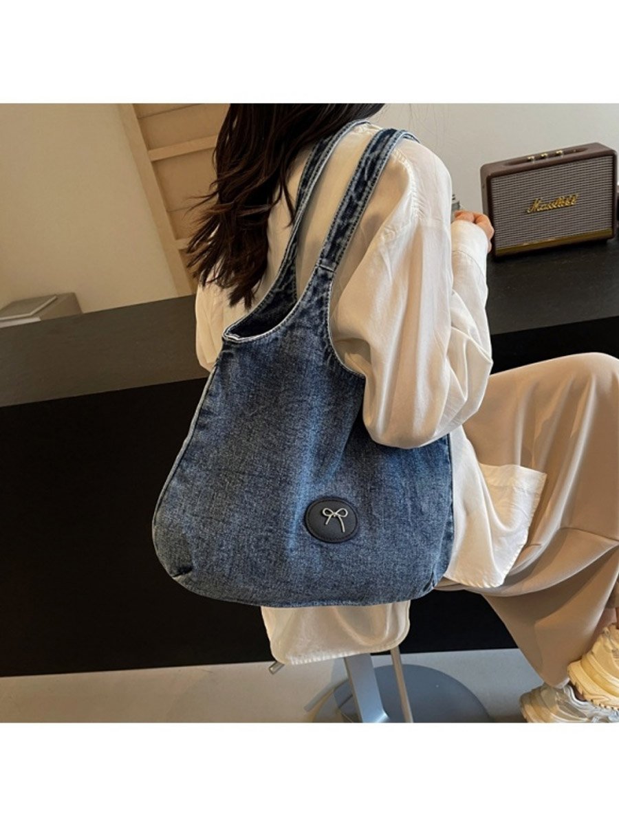 Blue Badge Detail Denim Tote Bag