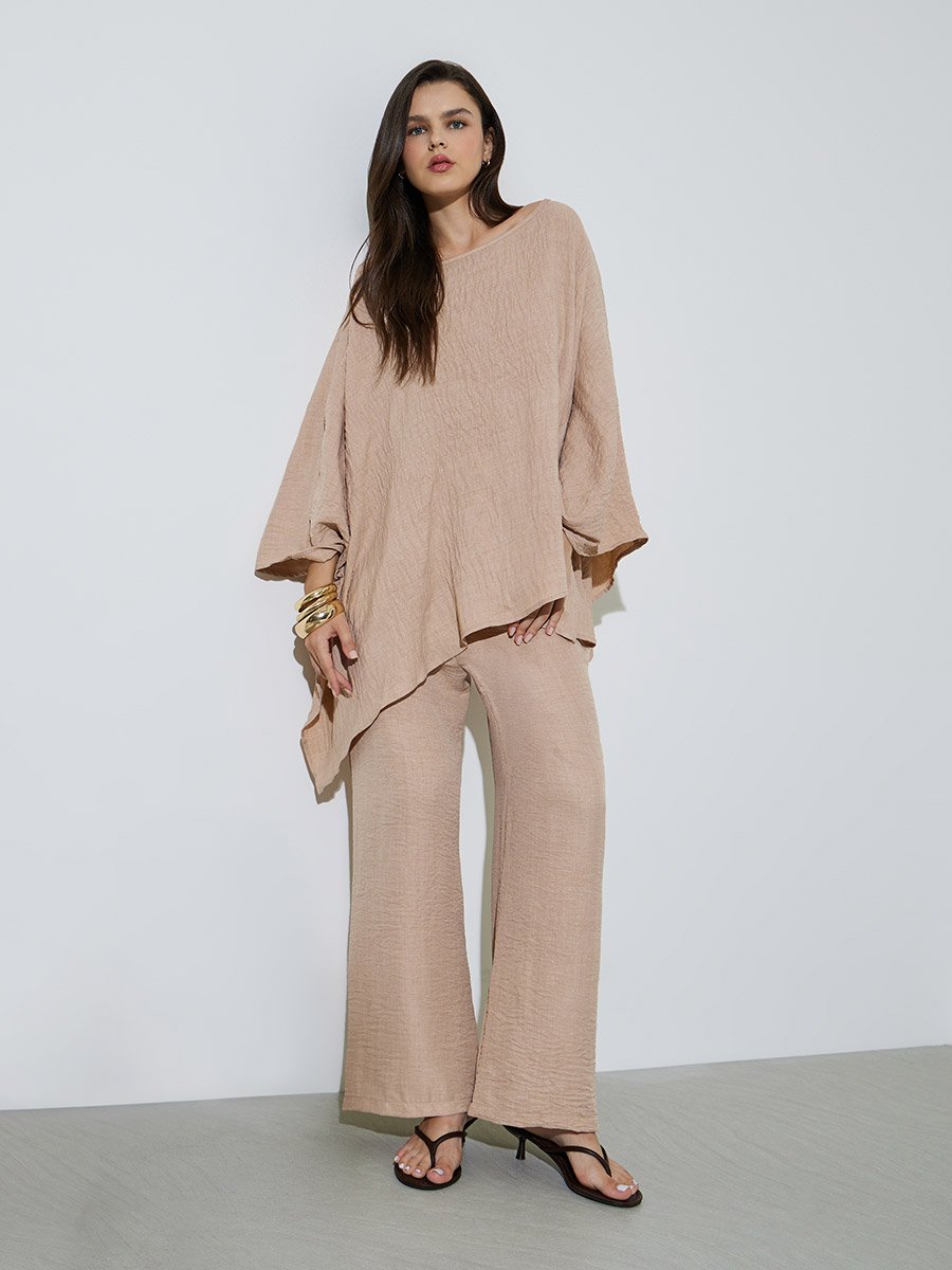 Beige Crinkled Long Top and Pants Co-ord Set