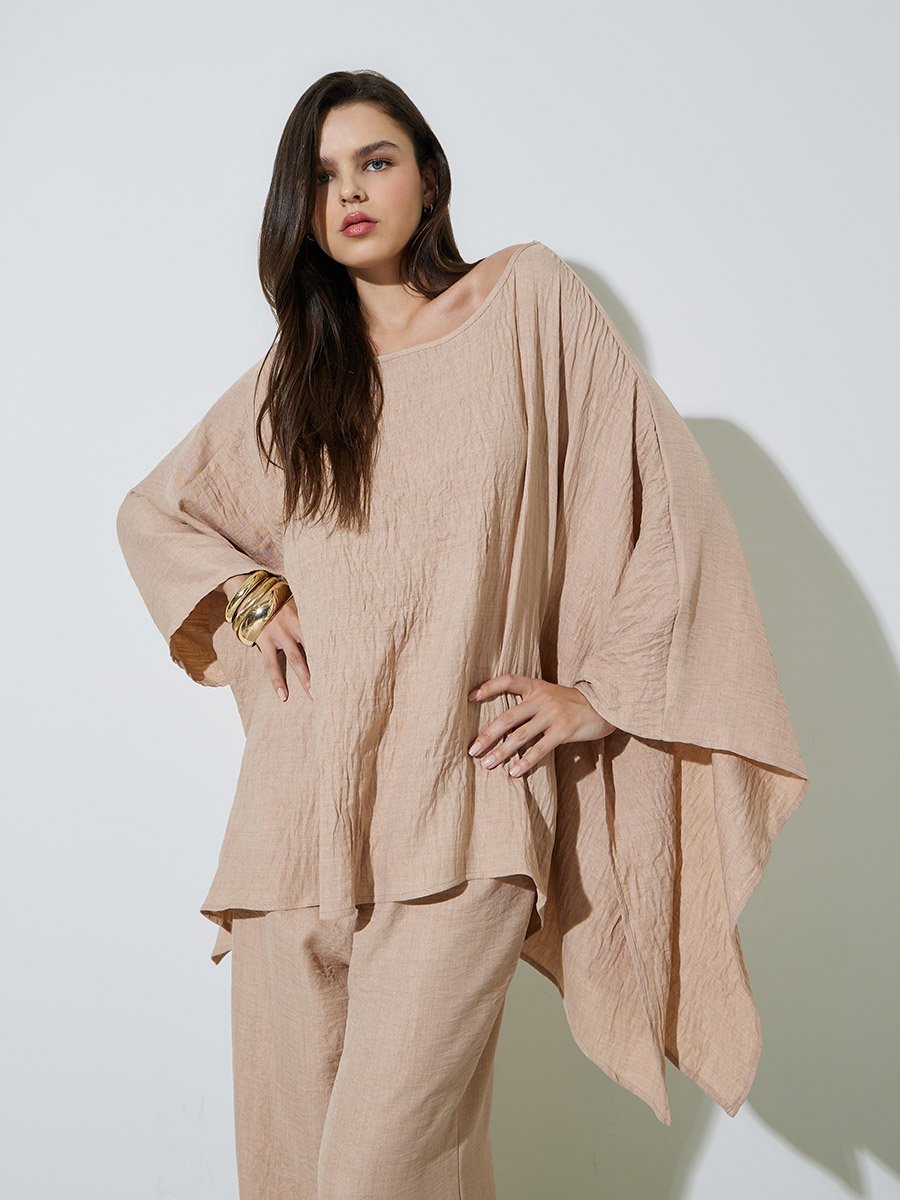 Beige Crinkled Long Top and Pants Co-ord Set