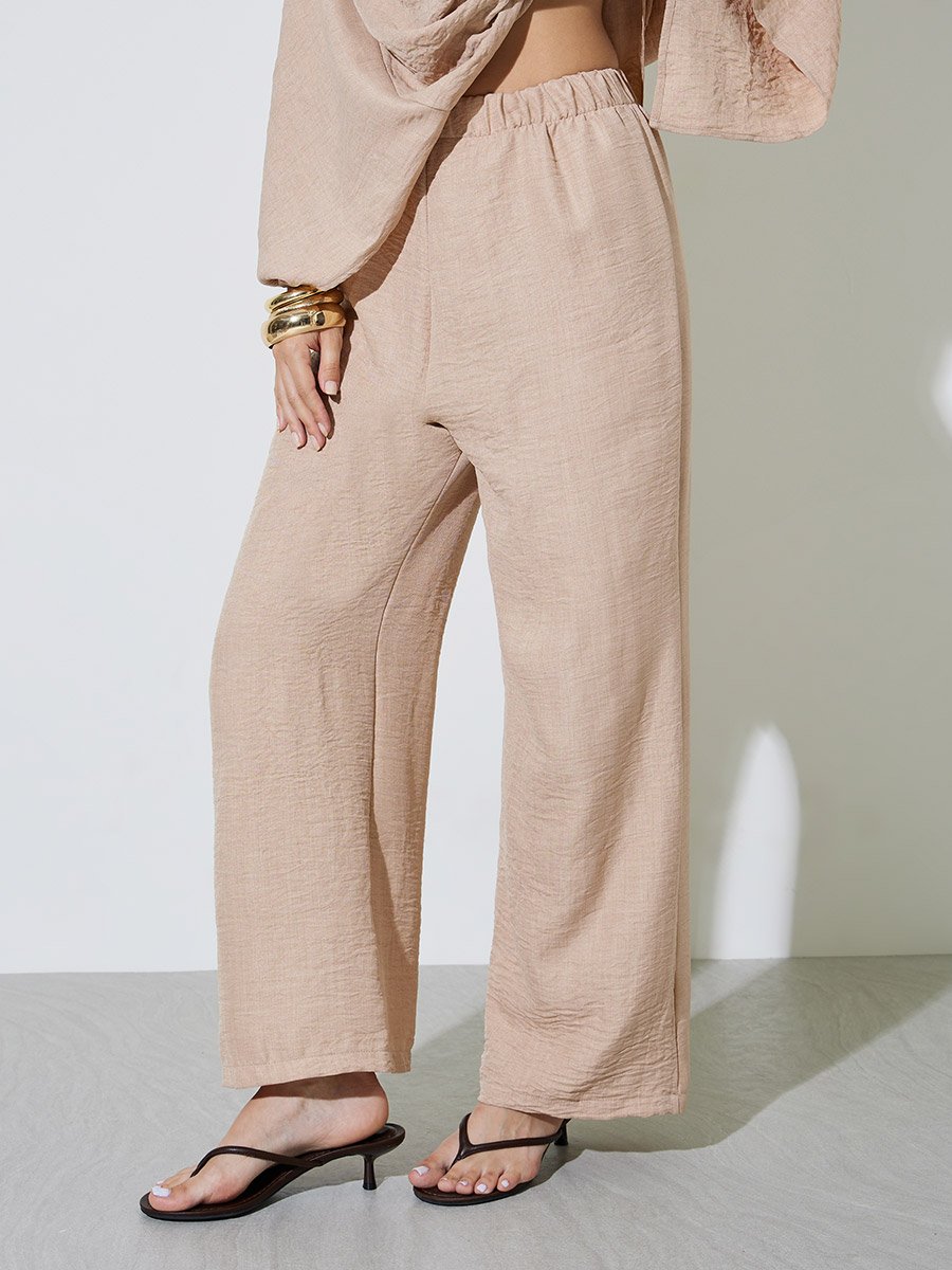 Beige Crinkled Long Top and Pants Co-ord Set