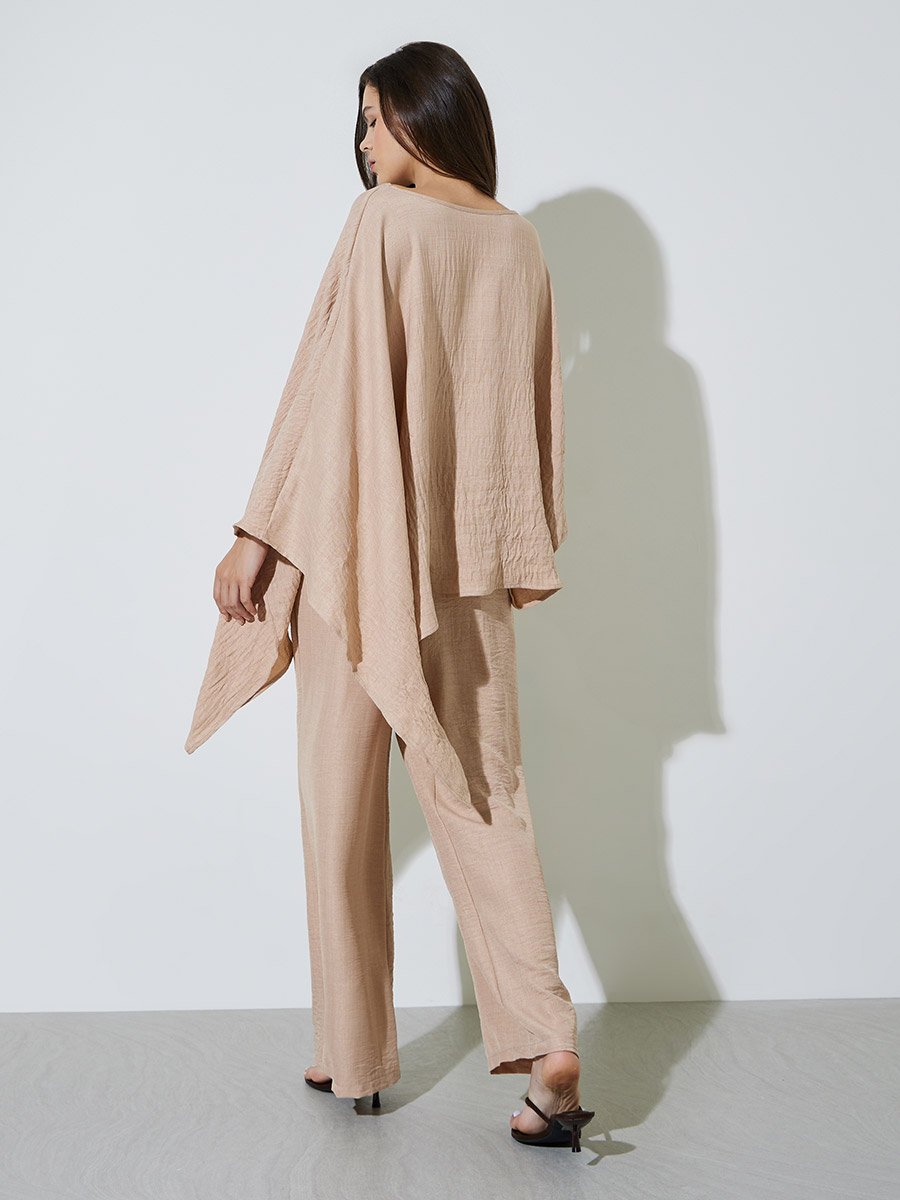Beige Crinkled Long Top and Pants Co-ord Set