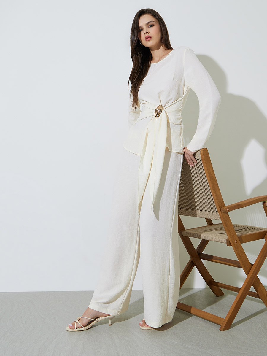 Off White Wrap Front Blouse and Pants Co-ord Set