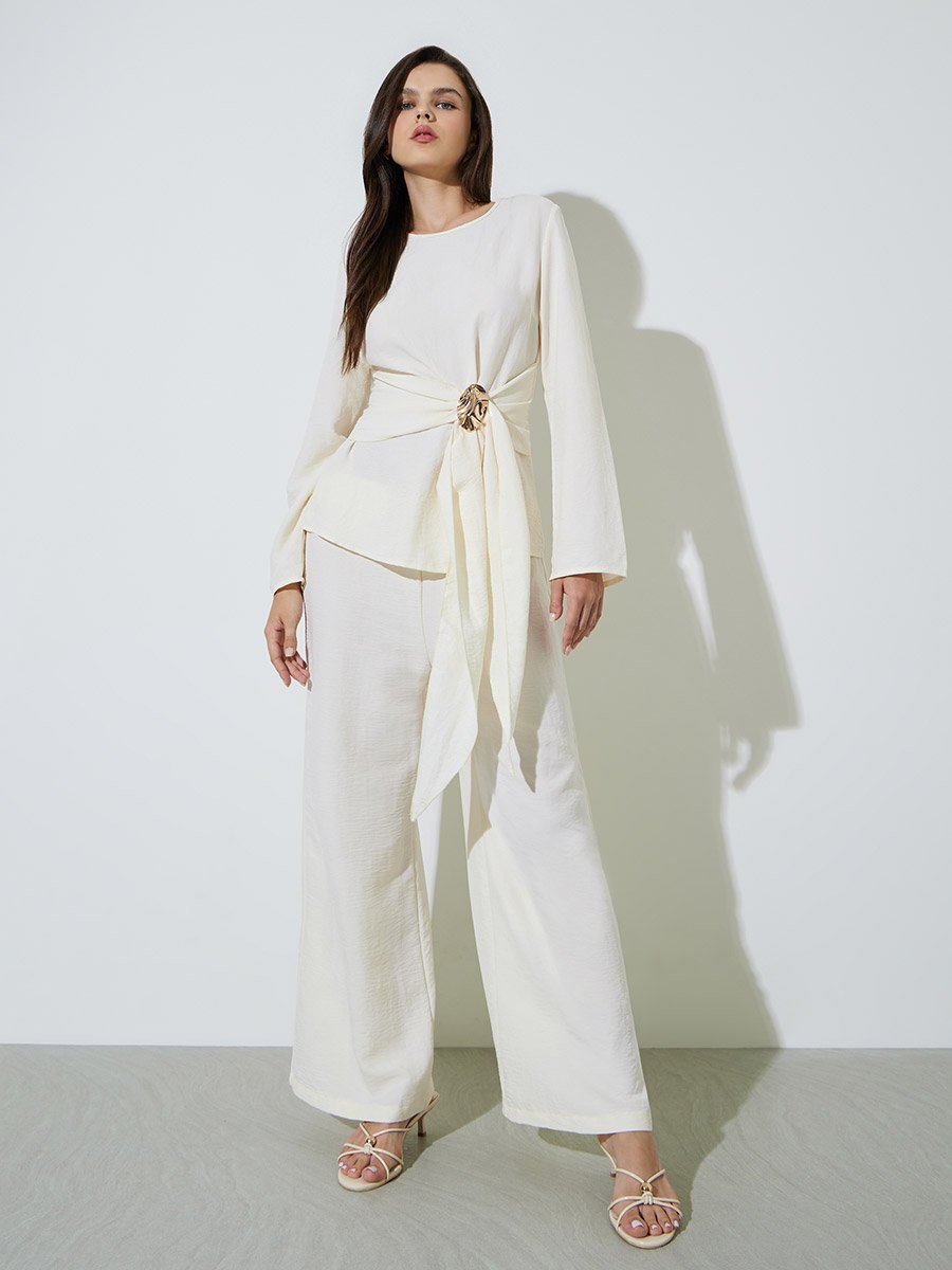 Off White Wrap Front Blouse and Pants Co-ord Set