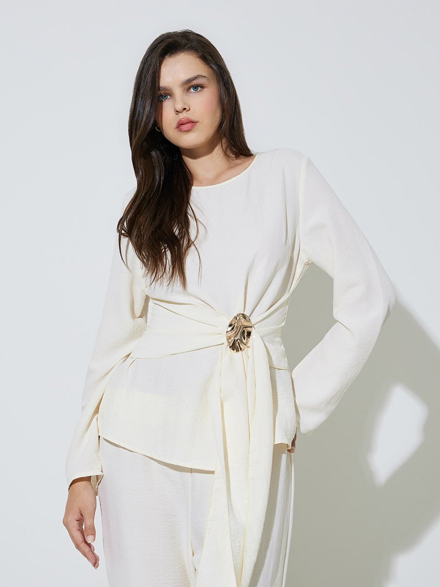 Off White Wrap Front Blouse and Pants Co-ord Set