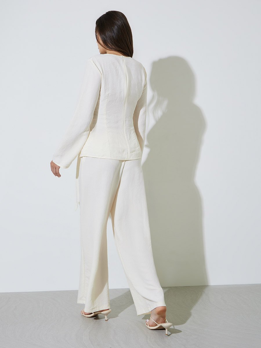 Off White Wrap Front Blouse and Pants Co-ord Set
