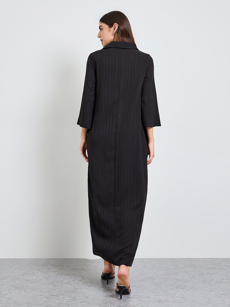 Black Textured Open Collar Maxi Dress