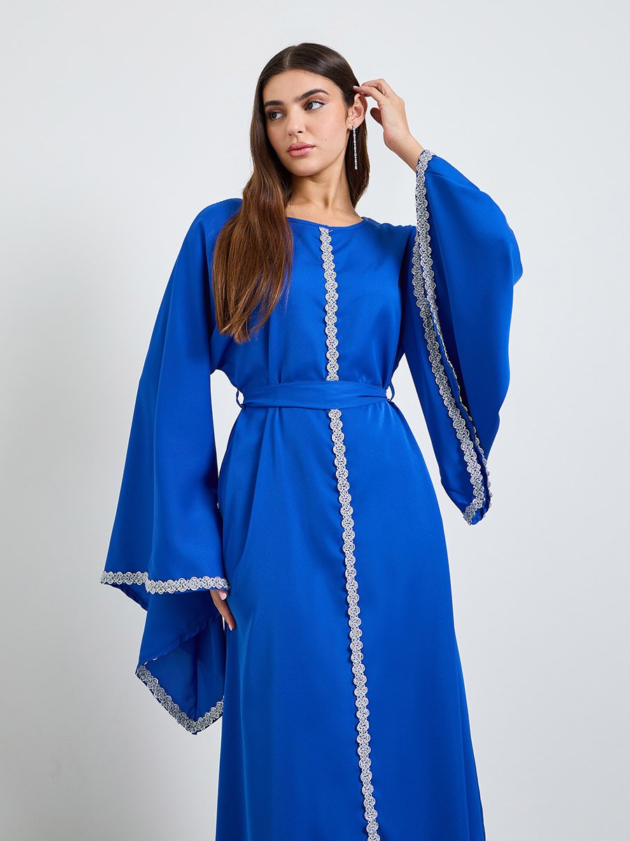 Blue Embroidered Long Sleeves Kaftan