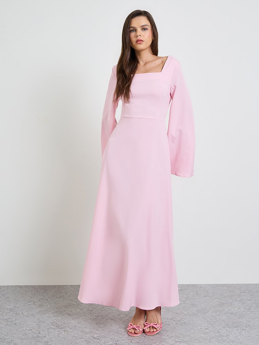 Pink Solid Square Neck Long Sleeves A-Line Maxi Dress