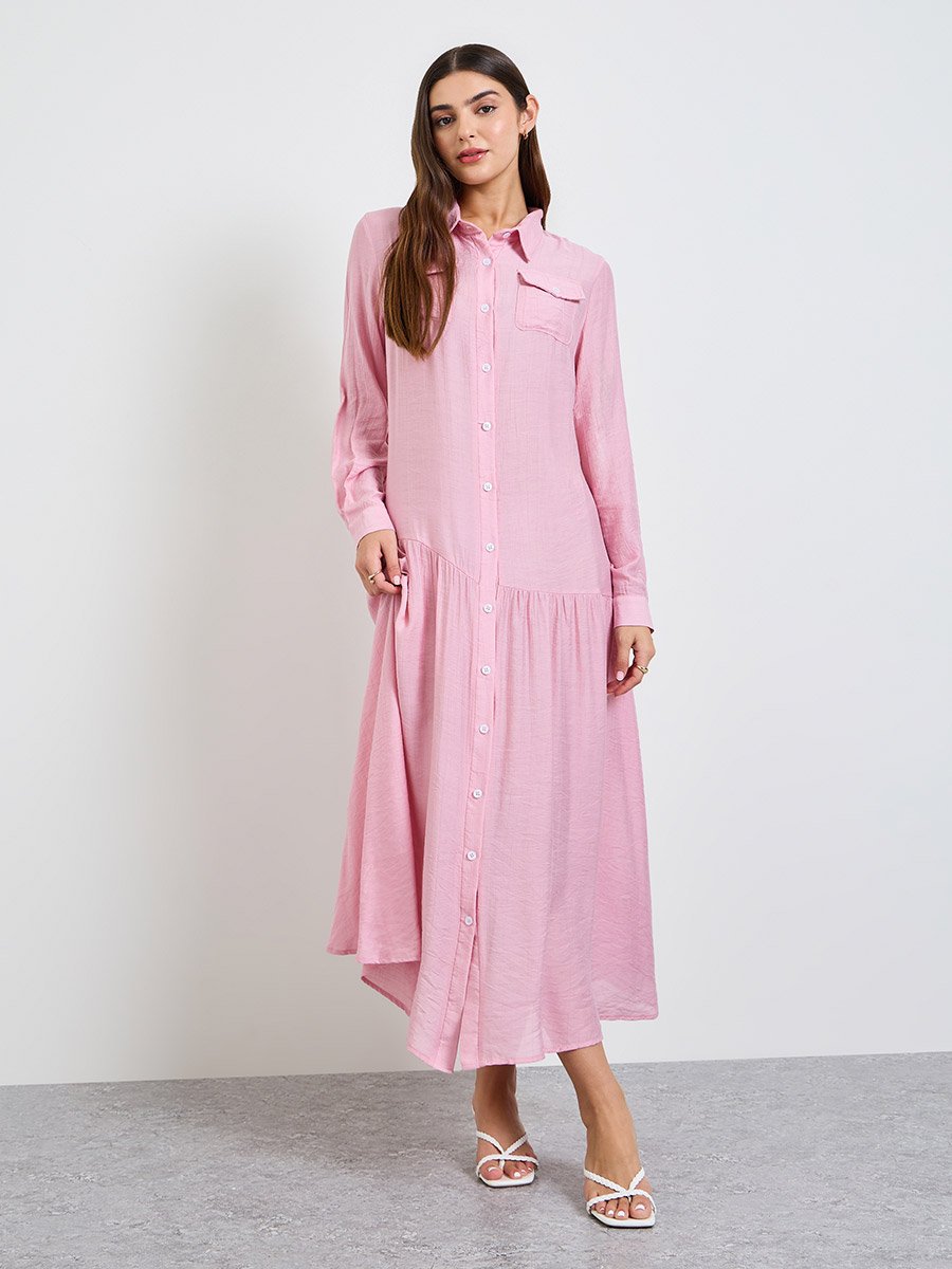 Pink Plain Long Sleeve Shirt Maxi Dress