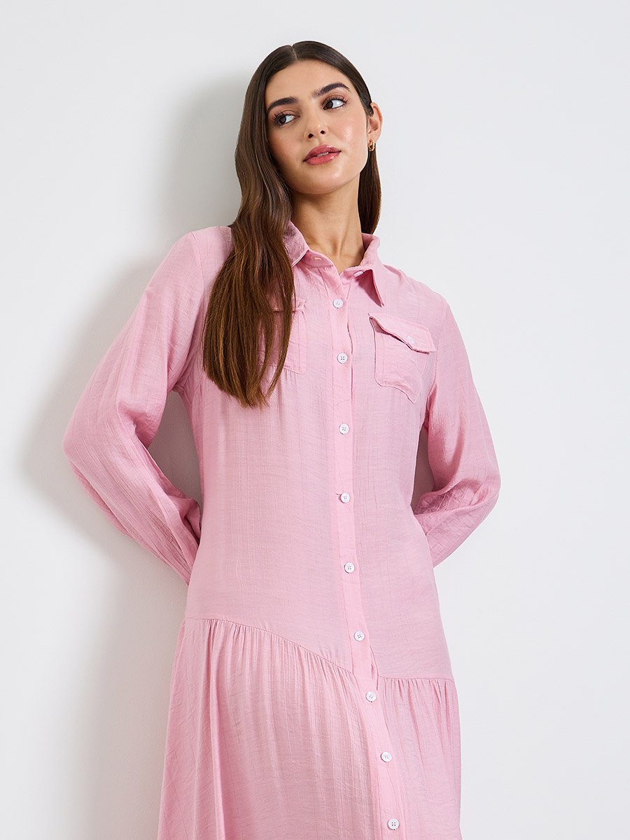 Pink Plain Long Sleeve Shirt Maxi Dress