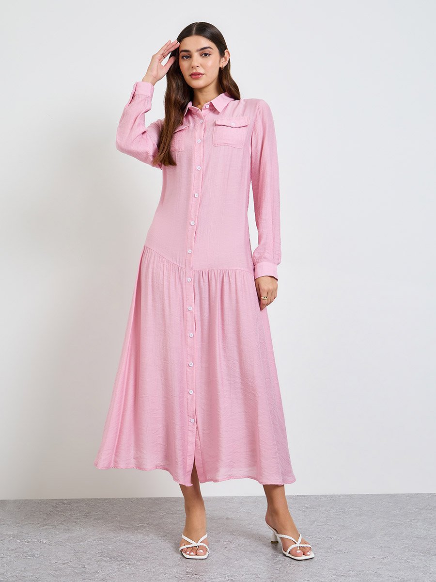 Pink Plain Long Sleeve Shirt Maxi Dress