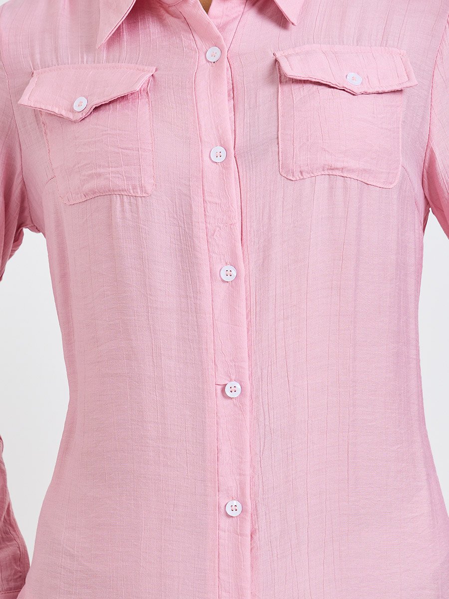 Pink Plain Long Sleeve Shirt Maxi Dress