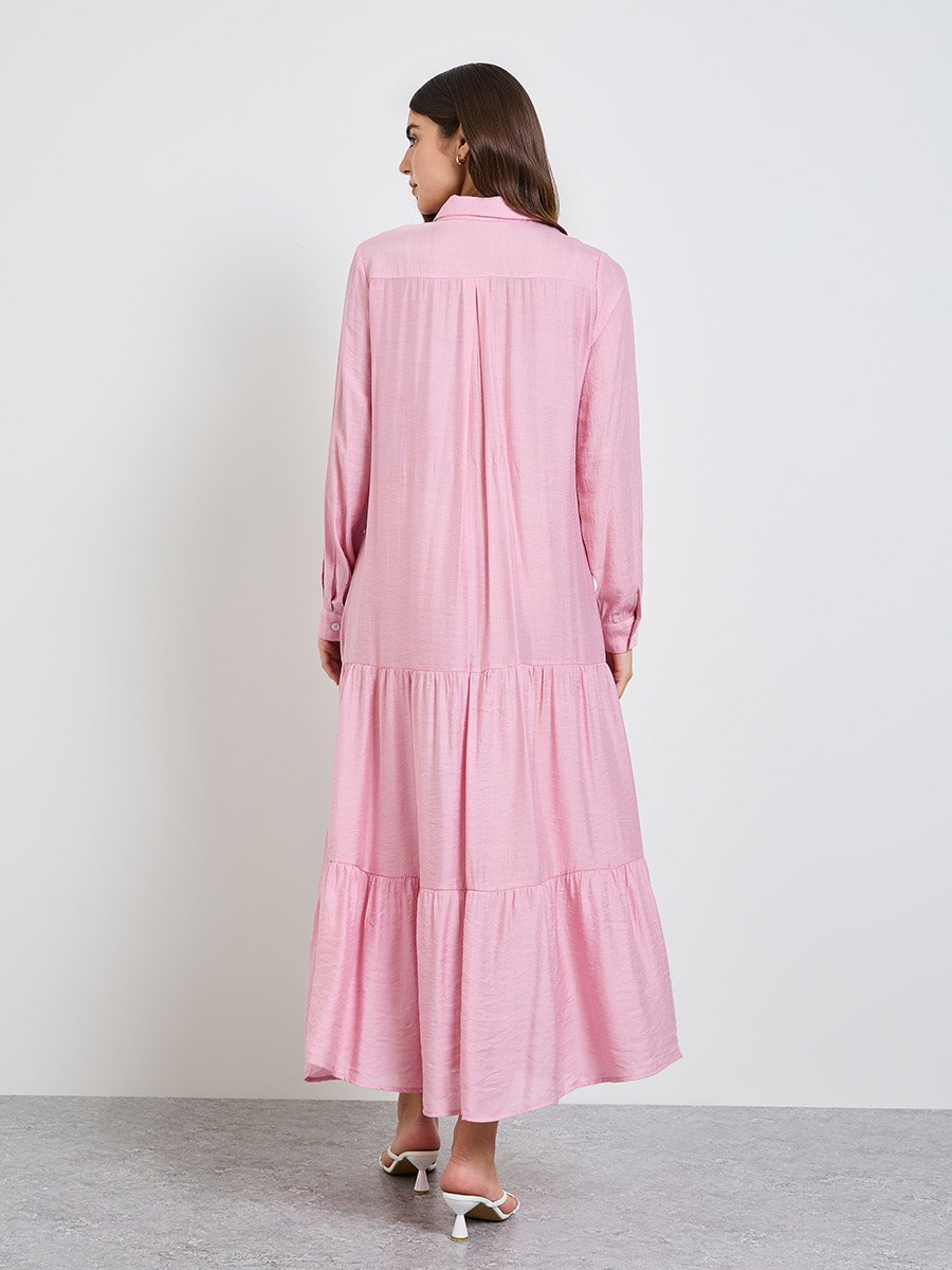 Pink Plain Long Sleeve Shirt Maxi Dress