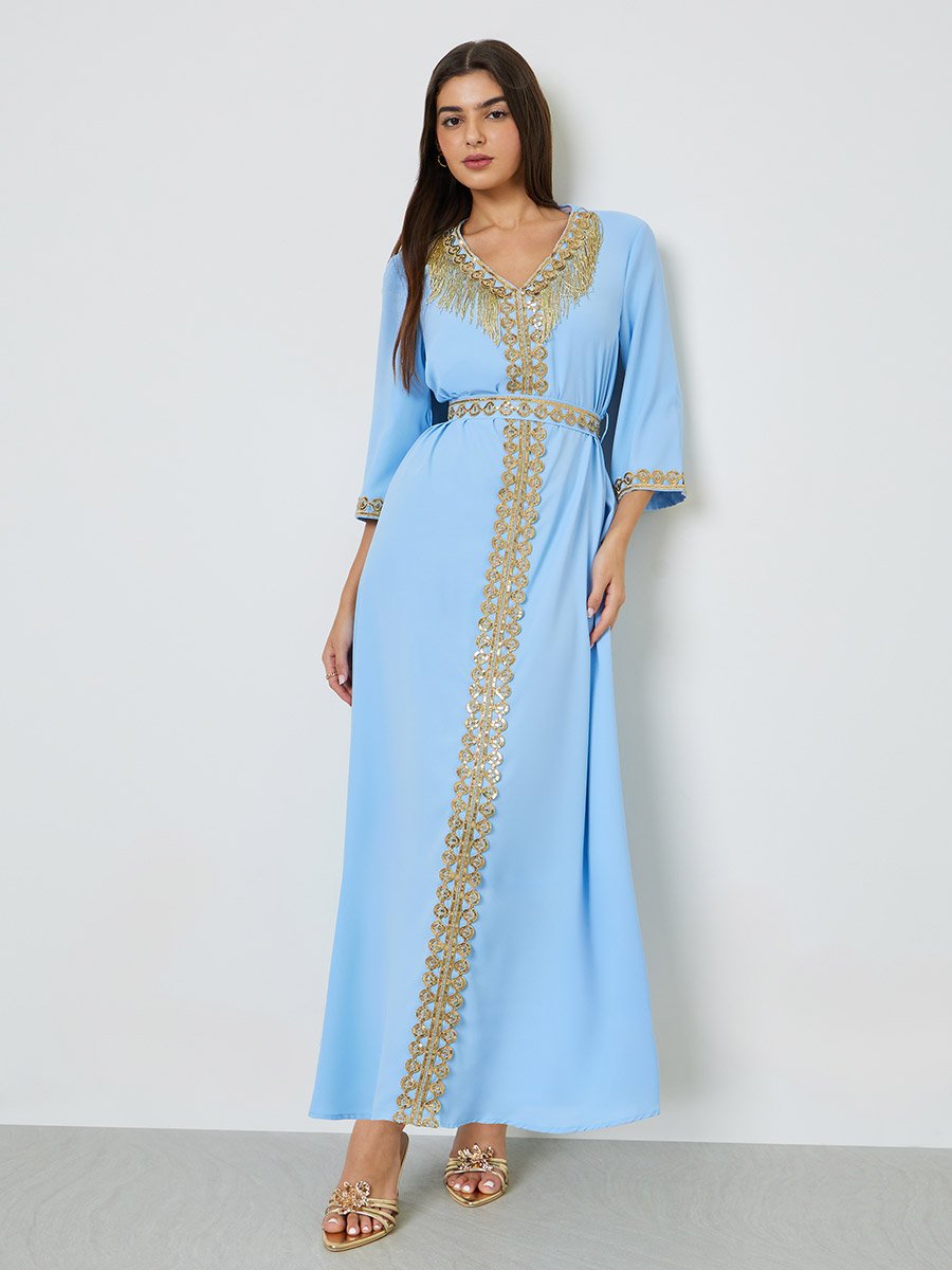 Blue V Neck Golden Embroidery A-Line Kaftan