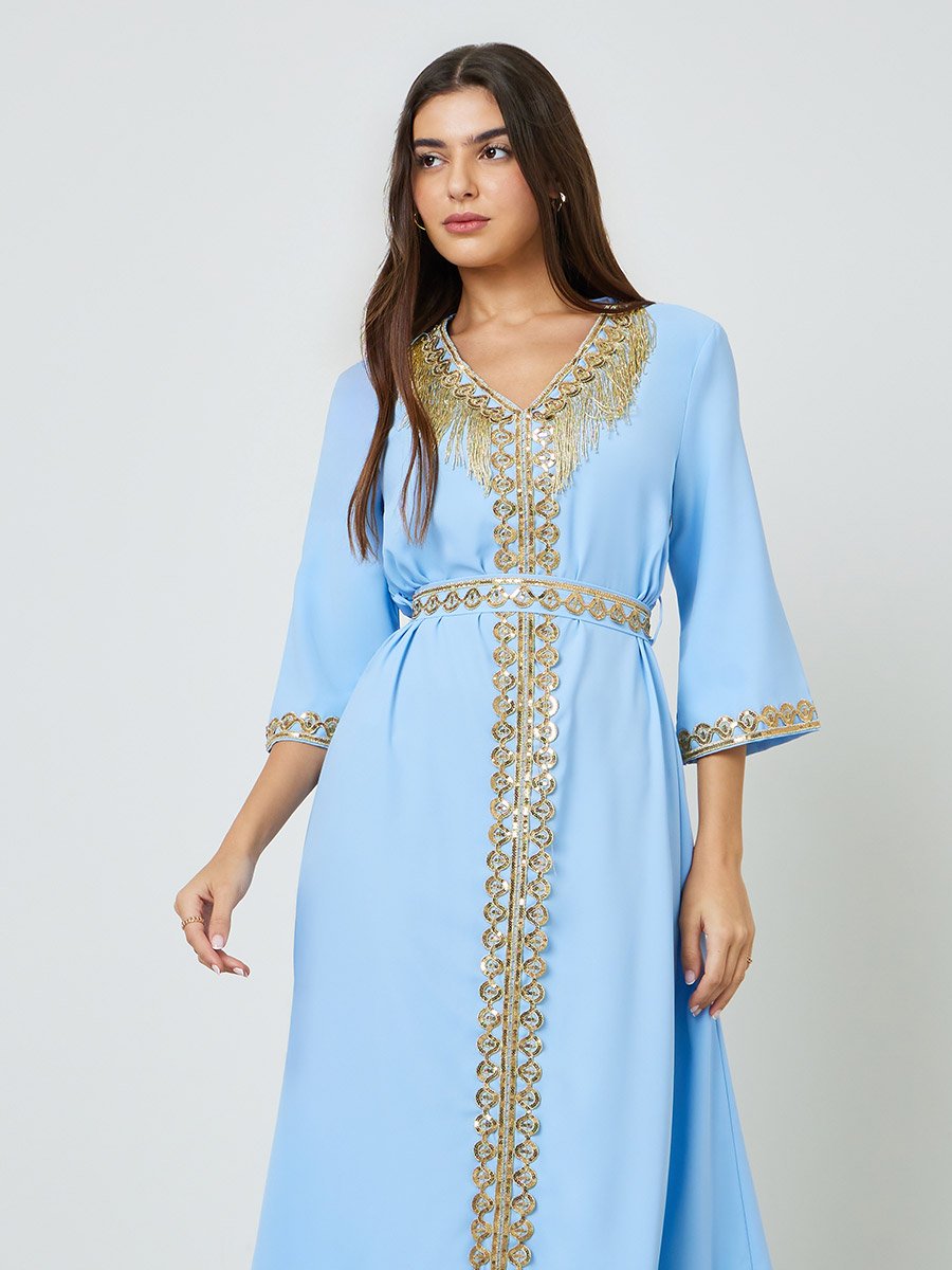 Blue V Neck Golden Embroidery A-Line Kaftan