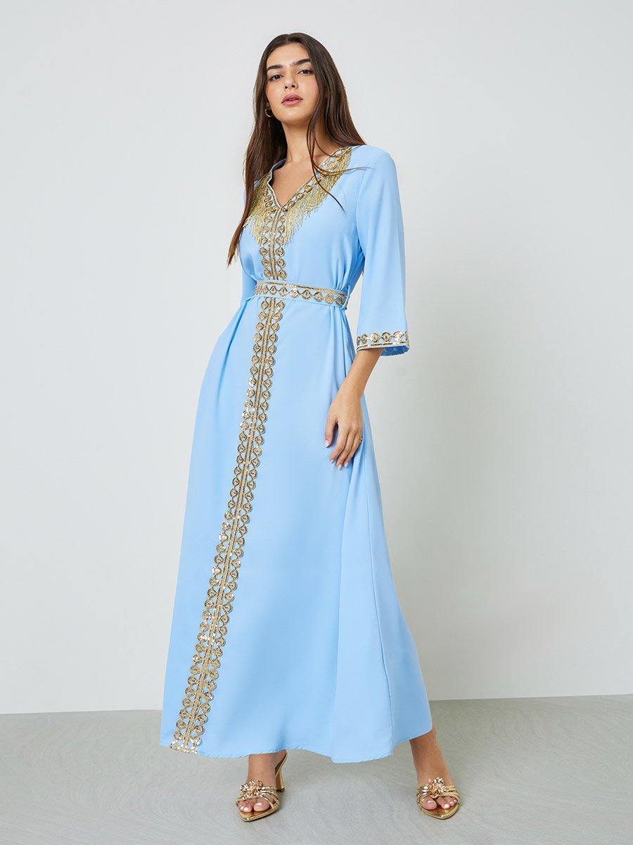 Blue V Neck Golden Embroidery A-Line Kaftan