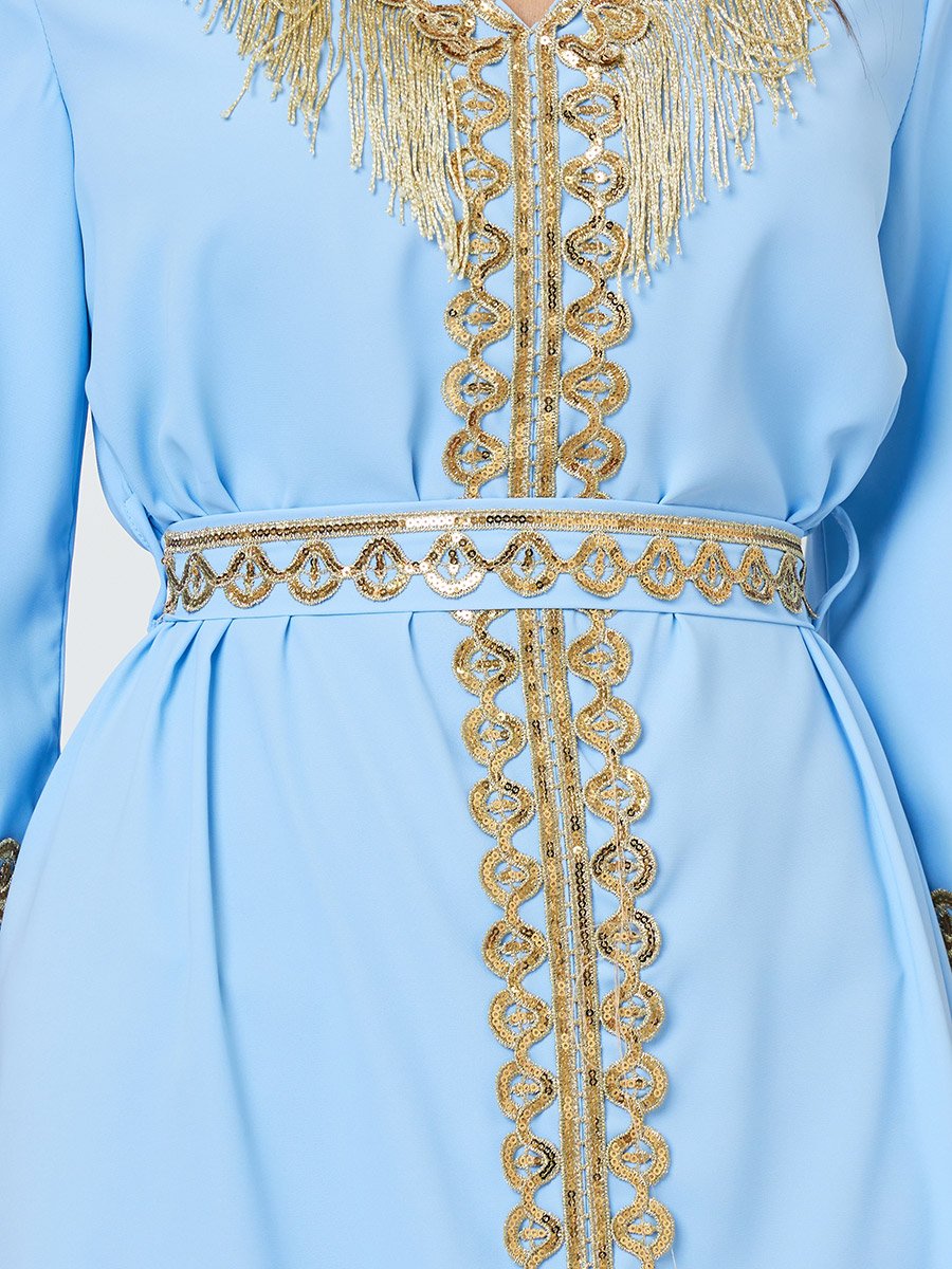 Blue V Neck Golden Embroidery A-Line Kaftan