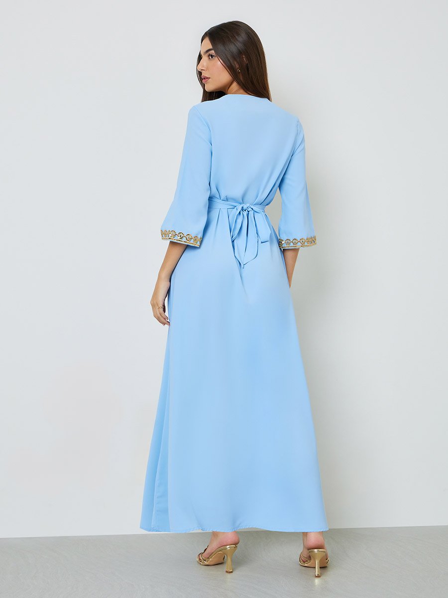 Blue V Neck Golden Embroidery A-Line Kaftan