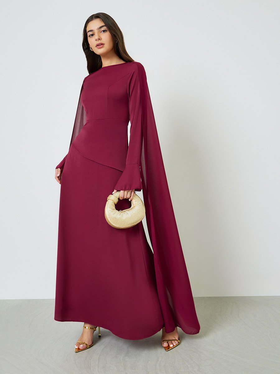 Burgundy Draped Round Neck Cape Maxi Dress