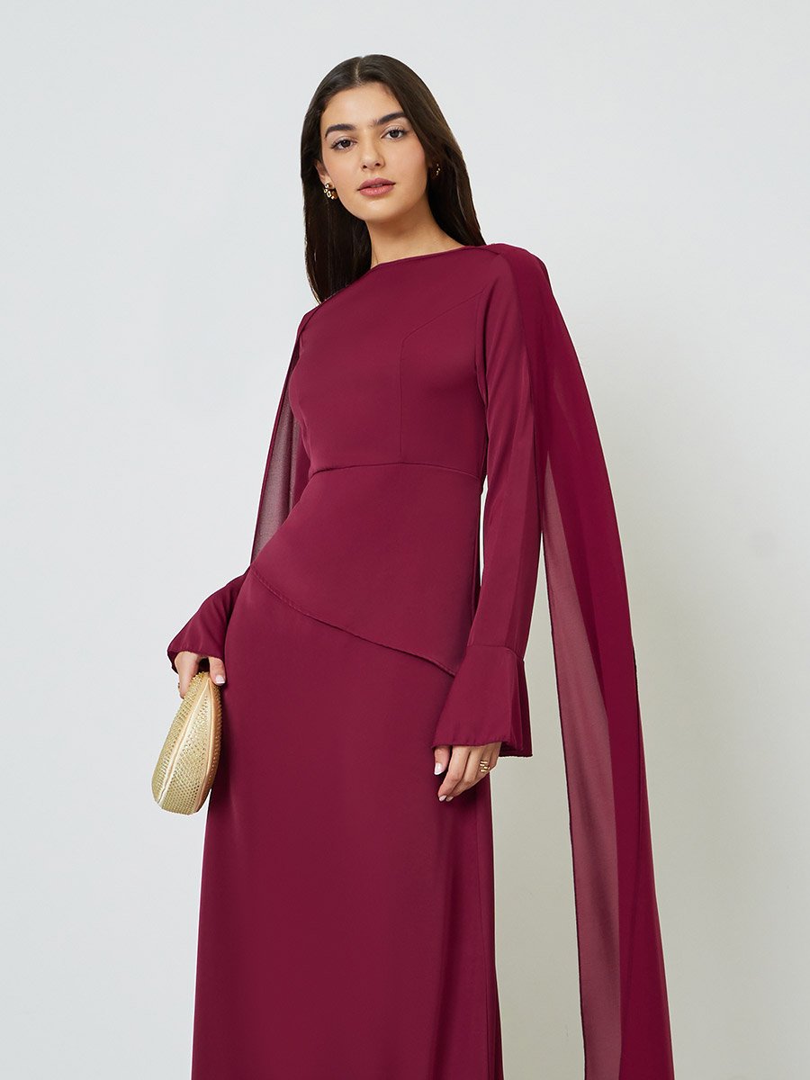 Burgundy Draped Round Neck Cape Maxi Dress