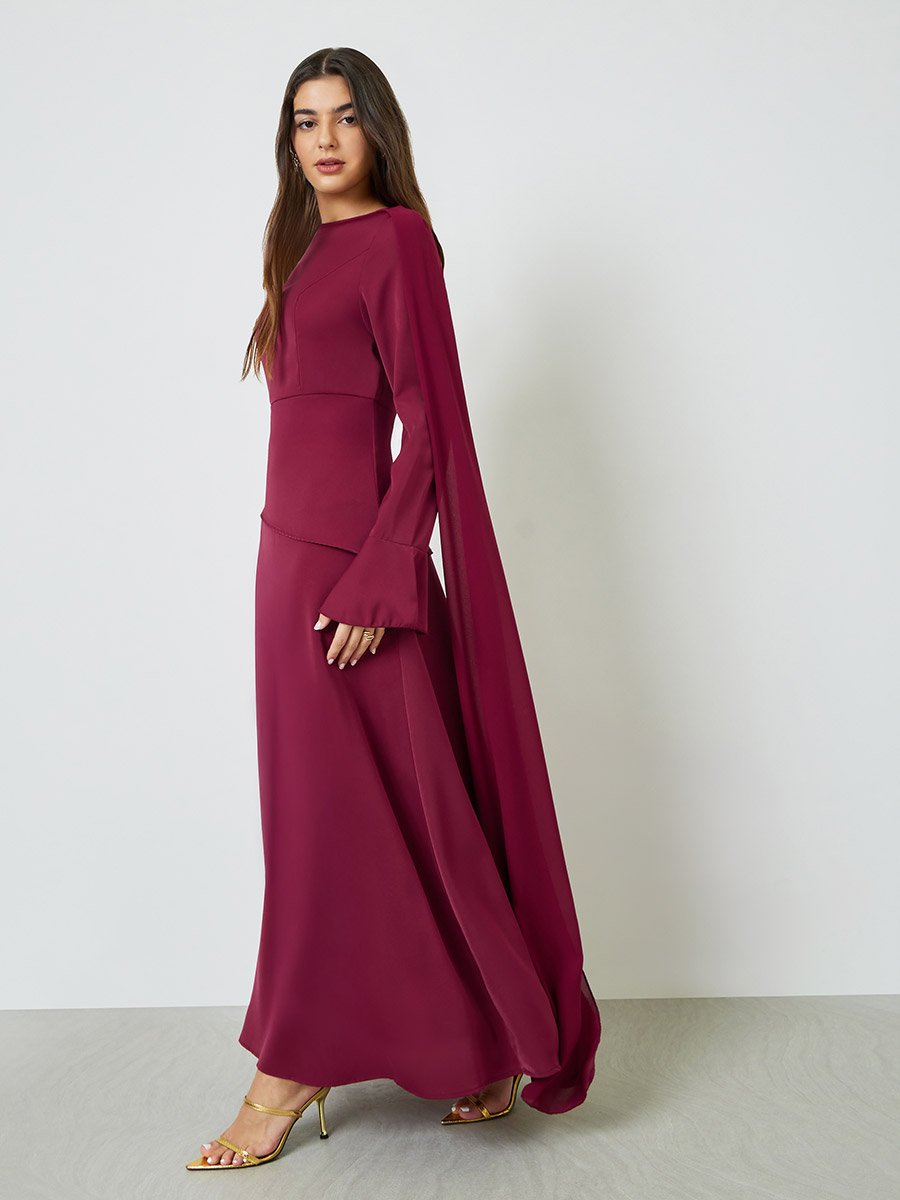 Burgundy Draped Round Neck Cape Maxi Dress